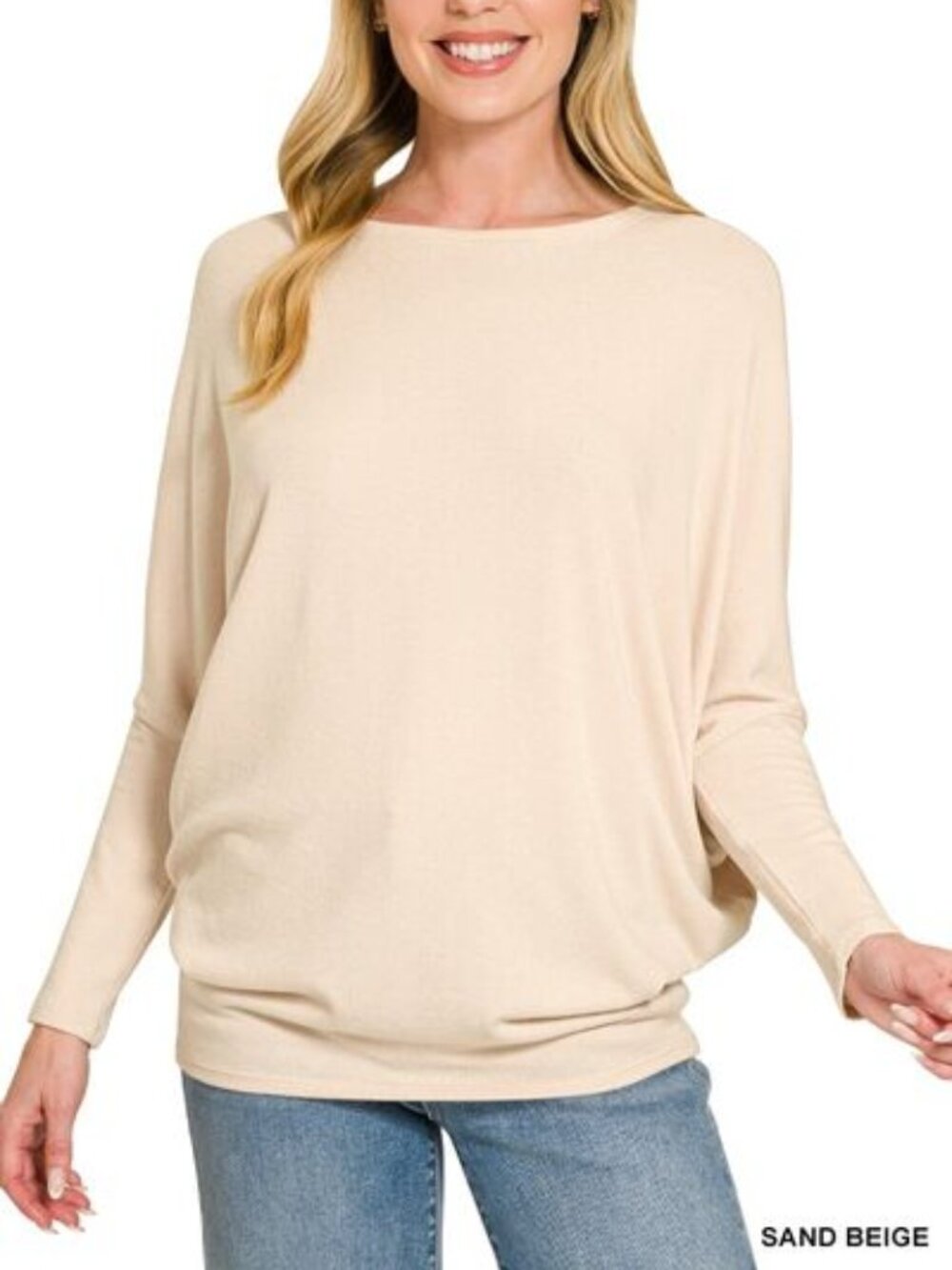 Zenana Hacci Dolman Sleeve Boat Neck Top - Sand Beige